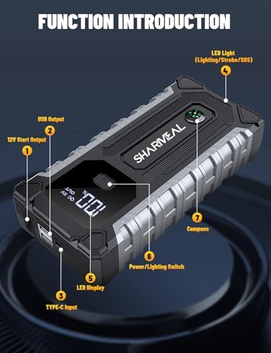 Sharmeal Car Jump Starter 7000A, Jump Starter Battery Pack for All Gas and 12.0L Diesel, 12V Portable Jump Box with LED Light