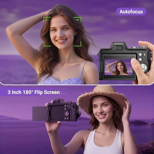 4K Digital Camera for Photography, 56MP Autofocus Vlogging Camera for YouTube Travel, 3" 180°Flip Screen & Lens Hood 16X Zoom