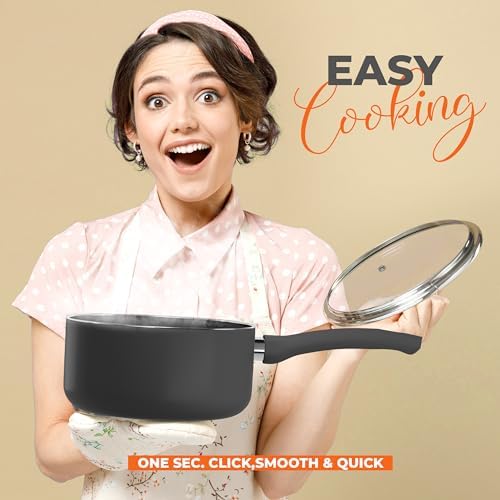 Utopia Kitchen Saucepan 2 QT Detachable Handle with Lid Grey Black | Glass Lid, Multipurpose Use, Home Kitchen and Restaurant, Nonstick Coating, Durable