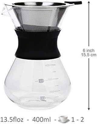Boxtree Pour Over Coffee Maker Set with Reusable Stainless Steel Drip Filter Elegant Coffee Dripper Pot Glass Carafe & Permanent Stainless Steel