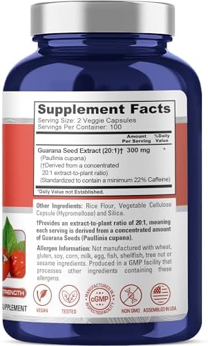 Guarana seed, Non-GMO, Vegan, 300mg, 200 Veggie Capsules - 100 Servings | Plant Based, 20:1 Paullinia cupana Extract, 22% Caffeine