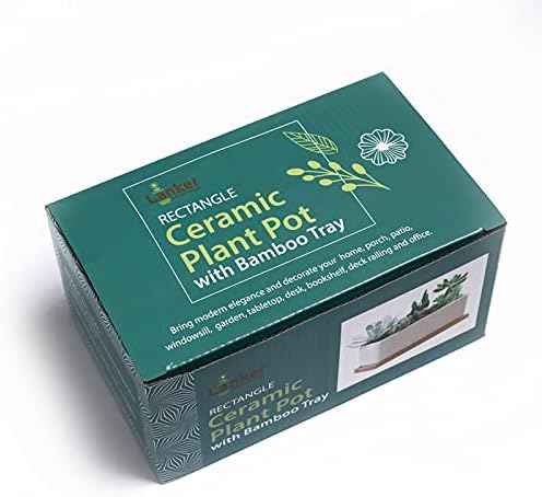 LANKER 6.5 Inch Rectangle White Ceramic Succulent Planter Pot with Bamboo Tray