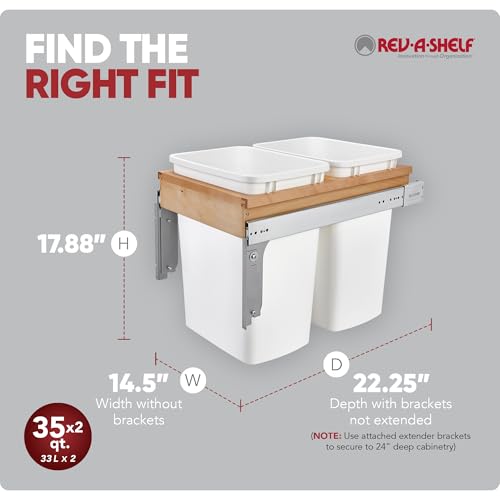 Rev-A-Shelf 35 Qt Top Mount Double Pullout Under Cabinet Kitchen Trash Cans for Base Cabinets, 150 Pound Rated Full-Extension Slides, Min Opening Width of 14.5", White, 4WCTM-18DM2-175