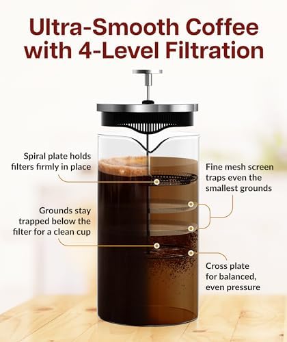 Cafe Du Chateau French Press Coffee Maker, 34 oz Glass, Stainless Steel | Easy Brew, Durable Clear Glass, 4-level Filtration, 34 oz Capacity, Coffee Press for Camping, Tea Brewer, BPA-Free Materials
