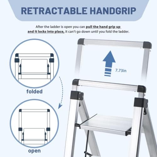 XinSunho 3 Step Ladder, Aluminum Folding Stool with Retractable Handgrip