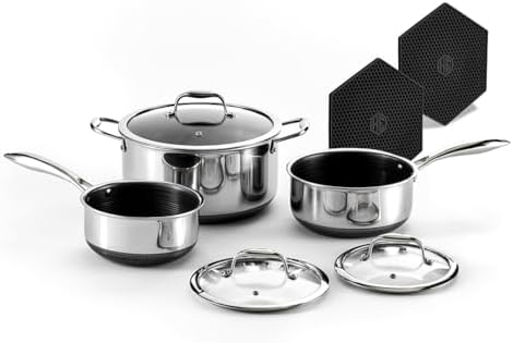 HexClad Hybrid Nonstick 6 Pc Pot Set & Trivets, 2, 3, and 8-Qt Pots & Lids | Stay-Cool Handles, Dishwasher and Oven Safe, Compatible with All Cooktops