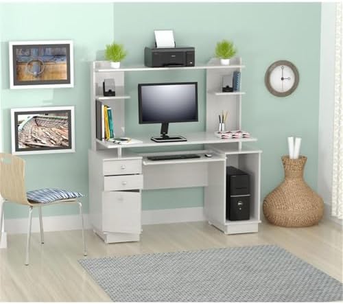 Inval America Computer Work Center with Hutch, Pull-Out Keyboard Tray, Drawers, Desk Workstation, 53.5"H x 48.62"W x 19.5"D, Washed Oak