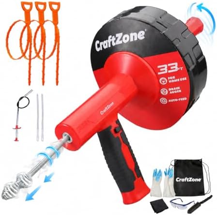 Drain Auger 33 Ft with Easy Cable Rewind System, Plumbing Snake with Drill Adapter, 2026 Upgraded Flexible Spring Steel Drain Cleaner for Kitchen