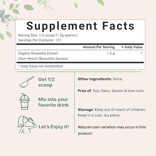 Organic Boswellia Serrata Extract Powder, 8 Ounce, Pure Boswellia Supplement with 65% Boswellic Acid, Supports Joints, Knees and Bones Health, Non-GMO