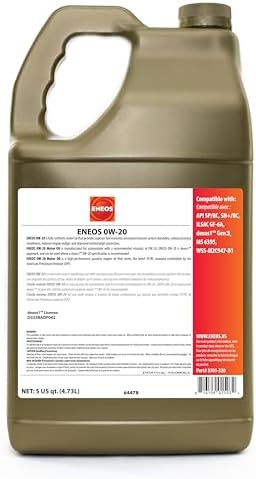 ENEOS 0W-20 Fully Synthetic Motor Oil, API SQ, dexos1 Gen3, 1 Qt
