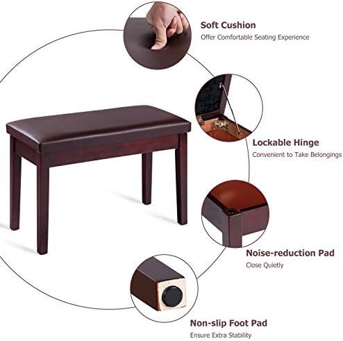Giantex Piano Bench W/Padded Cushion and Music Storage, Comfortable Double Duet Seat, Wooden Legs, Perfect for Professional Or Home Use PU Leather Piano Stool (Brown)