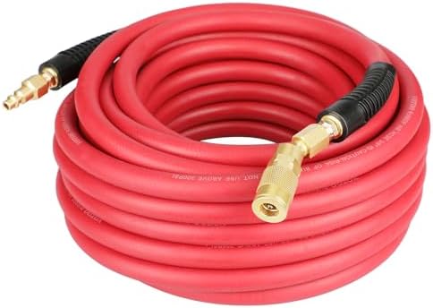 YOTOO Rubber Air Hose 3/8-Inch by 50-Feet 300 PSI with 1/4" Industrial Swivel Solid Brass Quick Coupler, Plug and Bend Restrictors, Red