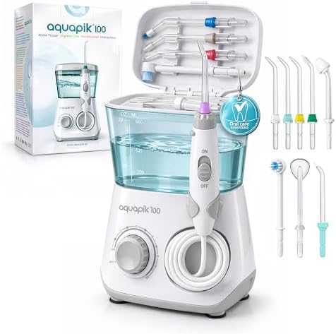 Bostontech Aquapik 100 Countertop Water Flosser for Teeth, 600 ml Corded Oral Irrigator with 10 Pressure Levels, 8 Nozzles Including Nasal Tip