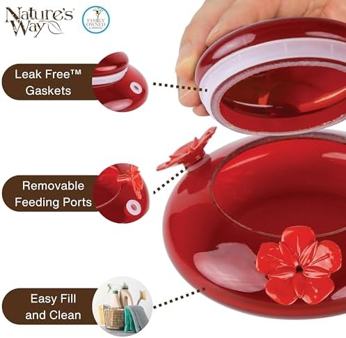 Nature's Way Bird Products MHF4 Hand Blown Garden Top Fill Hummingbird Feeder, 16 oz Capacity, Red