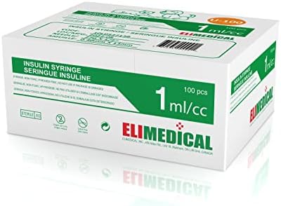 Elimedical Veterinary Insulin Syringe, U-100, 1cc (1ml), 27G x 1/2 inch (12.7mm), Individually Packed, for Pet Cat or Dog, 100 per box, 10LDS2713B