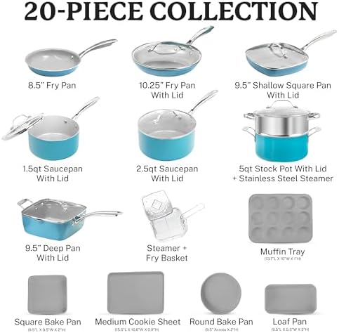 Gotham Steel 20 Piece Pots and Pans Set Nonstick Cookware Set, Pot and Pan Set, Kitchen Cookware Sets, Ceramic Cookware Set, Ceramic Pots and Pans Set