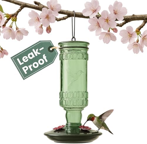 Perky-Pet Antique Glass Bottle Hummingbird Feeder, 10 oz Capacity, Green | 4 Feeding Ports for Outdoors Hanging Bird Feeders, Backyard Garden Décor