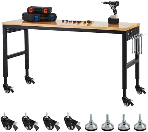Workbench Adjustable 75' x 25', 2000 Lbs Load Capacity, 29.5"-38.4" Heights Garage Worktable with Universal Wheels & Power Outlet
