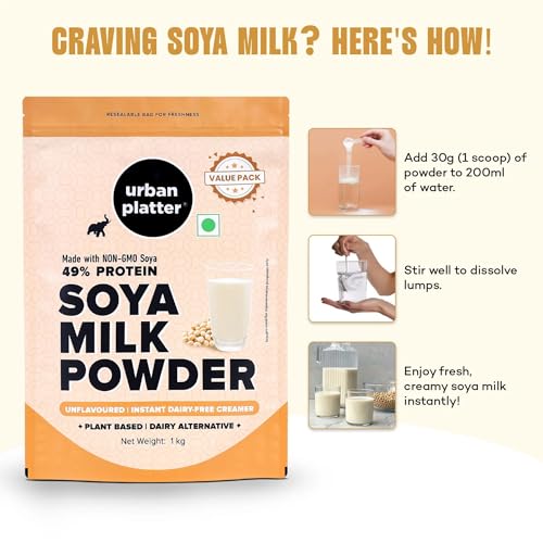 Urban Platter Soya Milk Powder | 35.27 Oz (1kg) | 49% Plant Protein | Unflavored Soy Milk for Coffee, Tea, Smoothies, Baking & Cooking | Non-GMO, Dairy-Free, Vegan