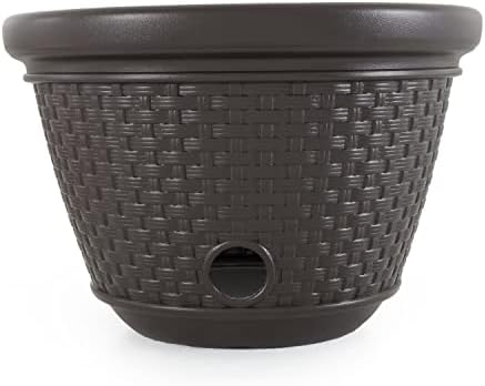 Suncast Decorative Wicker Garden Hose Holder Pot with 4 Drain Holes for 100 Foot Hoses, Java