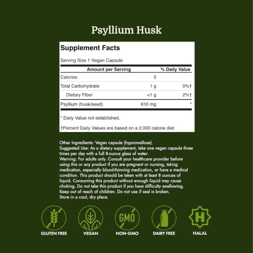Swanson Psyllium Husk Dietary Fiber Supplement, 610 mg, 300 Capsules | Promotes Overall Health and Easier Elimination, Supports a Feeling of Fullness and Satiation, Plant-Based Dietary Fiber