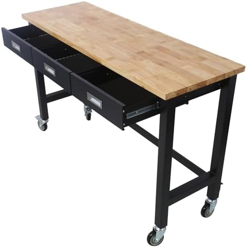 Work Bench, Workbench with Drawer Storage, Heavy Duty Bamboo Wood Work Table with Wheels for Garage Home Office (48 Inch)