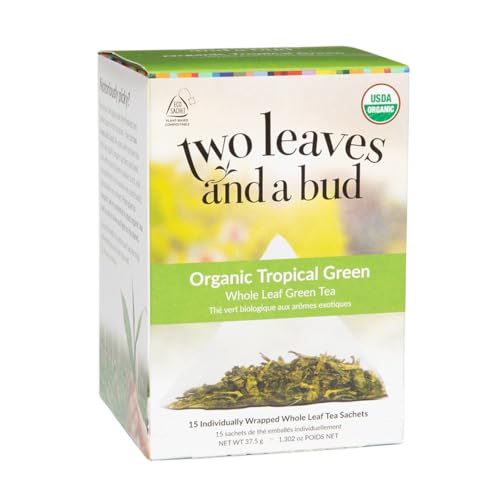 Two Leaves and a Bud Organic Tropical Green Tea, 15 Count (Pack of 1) | Whole Leaf Green Tea in Pyramid Sachets, Sencha Green Tea