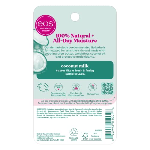 eos 100% Natural Lip Balm - Coconut Milk, All-Day Moisture, Dermatologist Recommended for Sensitive Skin Care, Lip Care Products, 0.25 oz