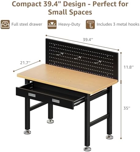 39.4" Workbench with Drawer and Pegboard - Heavy Duty Steel Garage Work Table, Small Tool Bench for Workshop, Woodworking, Crafting & Repair