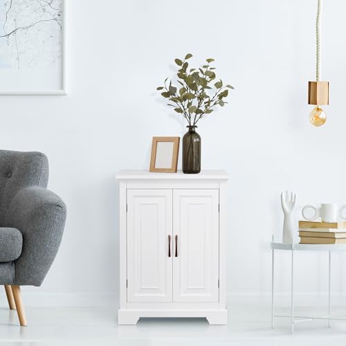 Teamson Home Versailles Wooden Freestanding Floor Storage Cabinet with 2 Adjustable Interior Shelves 3 Storage Spaces and 2 Floral Scroll Doors, White