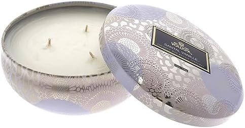 Voluspa Santal Vanille, 3 Wick Tin Candle, 12 oz, 40 Hour Burn Time, Coconut Wax for Clean Burning, Handcrafted in the USA