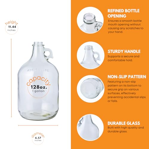 1 Gallon Glass Jug | 128 oz Clear Container Without Stopper or Cap | Reusable Glass Water Jug for juice, oils, syrups and liquid detergent, with a sturdy handle for storage | Laundry container