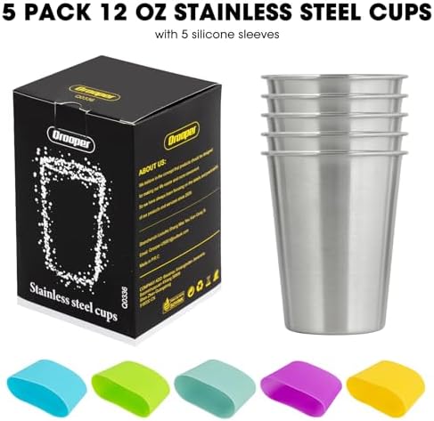 12oz Stainless Steel Cups, Metal Drinking Glasses for Kids & Adults, 5-Pack | Metal pint cup tumblers, 18/8 food-grade stainless steel, unbreakable