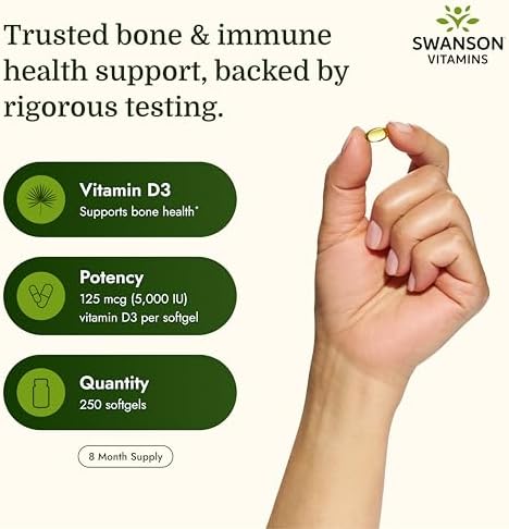 Swanson Vitamin D3 5,000 IU, 125 mcg Cholecalciferol, 250 Softgels | For Sun-Deprived Adults Seeking Bone, Immune, and Heart Support, 125 mcg Cholecalciferol, the Active Vitamin D3