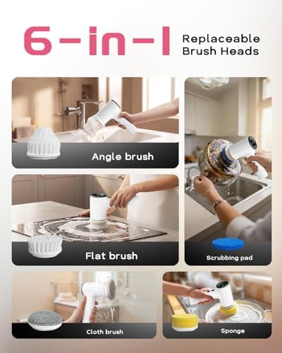 PUFTEM Shower Scrubber, Electric Spin Scrubber for Bathroom Cleaning – Cordless Shower Cleaner Brush with 6 Brush Heads, Dual-Direction Rotation