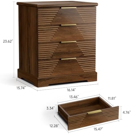 Gyfimoie Tall Nightstand with 4 Drawers Walnut Fluted Bedside Table | Stylish Fluted Design, Rich Walnut Finish, Gold Bar Pulls