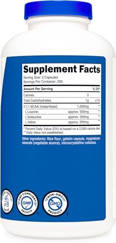 Nutricost BCAA 1000mg, 500 Capsules, 2:1:1 Branched Chain Amino Acids | 250 Servings, 500mg L-Leucine, 250mg L-Isoleucine, 250mg L-Valine