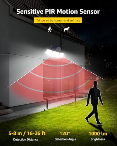 LE Solar Lights for Outside, Solar Lights Outdoor with Motion Sensor, WL4000 High Brightness, 3 Adjustable Heads 270° Wide Lighting Angle