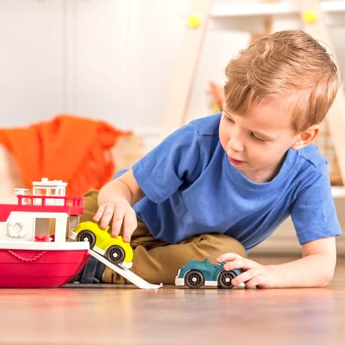 Battat Wonder Wheels Bath Toy Ferry Boat with 2 Cars, Floating Play, Trucks | Pool and bath toy boat with slide-out ramp, wind-up propeller