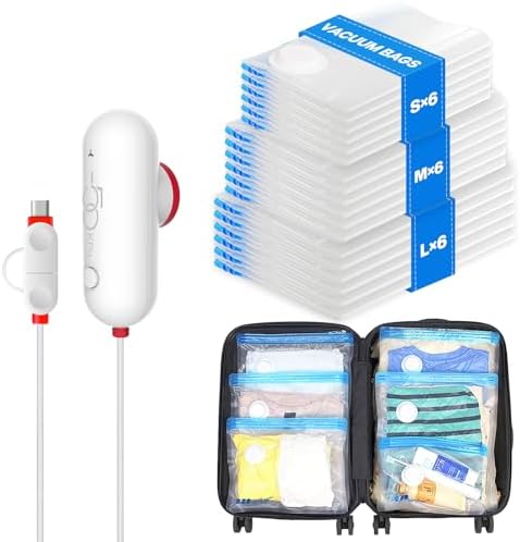 VMstr 15 Pack Travel Vacuum Storage Bags with USB Pump, Vacuum Packing Seal for Luggage and Suitcase, Space Saver for Clothes and Clothing Travel