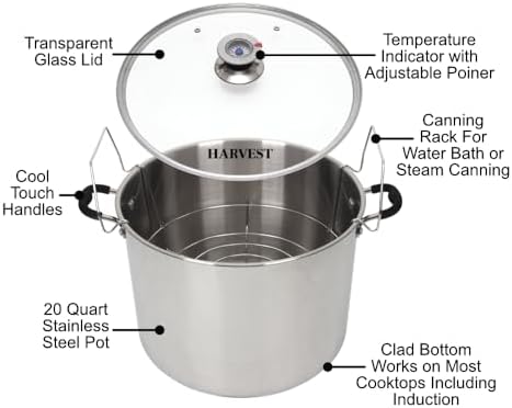 Harvest Stainless Steel 20 Qt Canning Pot with Rack | Water Bath or Steam Canning | Works on All Stovetops Including Induction, Glass, Gas (Stainless Steel Canner + Tools) (Stainless Steel Canner)