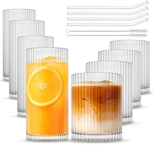 INSETLAN Set of 8 Vintage Glassware - 4 Highball Glasses 12 oz, 4 Rocks Glass Cups 14 oz, Ribbed Glassware Cocktail Glasses, Ideal for Wine, Juice