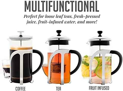 OVENTE French Press Coffee Maker, 34oz BPA-Free Cold Brewer, Clear FGC34T | Heat Resistant Borosilicate Glass, 4-Level Filter System, Stainless Steel Plunger, Cafetera Tea Pot for Kitchen Travel Gifts