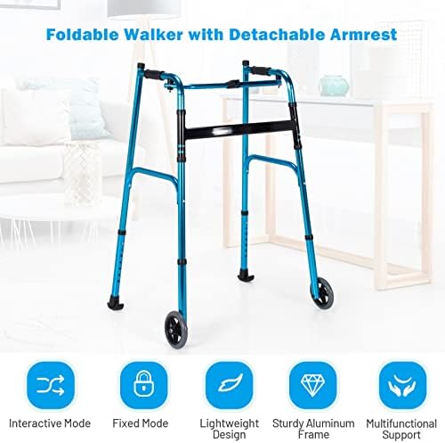Goplus Walkers for Seniors, Foldable Standard Walker with 5’’ Wheels and Removable Padded Armrests 220lbs, Lightweight Walking Mobility Aid