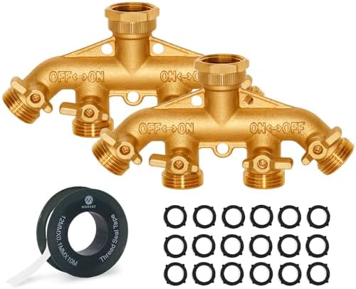 Brass Heavy-Duty Garden Hose Water Splitter | LEAD-FREE 2-Way Y Splitter for Water Spigot & Faucet | Manifold Connector ON/OFF Valves w/Improved Comfort Grip, 3 Extra Washers & Teflon Tape