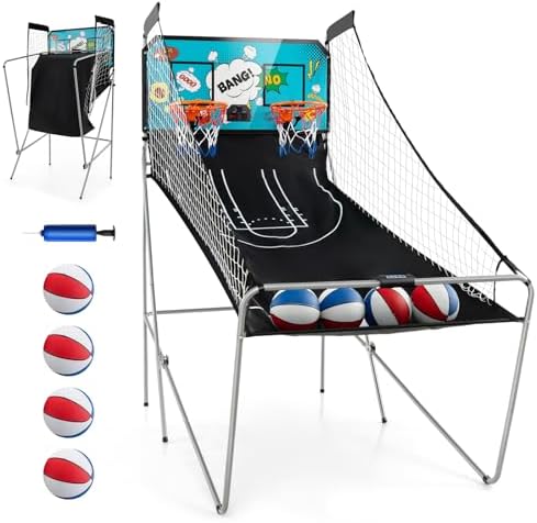 GYMAX Arcade Basketball Game Indoor Foldable with 8 Game Modes, Arcade Sound, 4 Balls and Inflation Pump, Electronic Basketball Games for All Ages Home