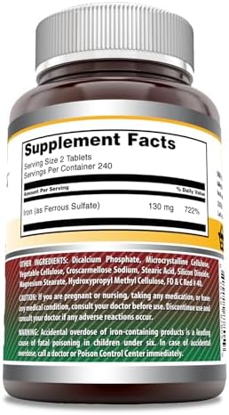 Amazing Formulas Iron as Ferrous Sulfate Supplement | 130 Mg per Serving | 240 Tablets | Non-GMO | Gluten-Free | Made in USA