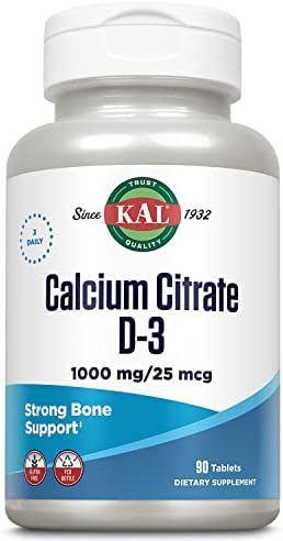 KAL Calcium Citrate Supplement with Vitamin D3 - 1000 IU Vitamin D3, Healthy Bone & Muscle Function Support for Men and Women, Quick Dissolving Tablets - 180 Count Tablets