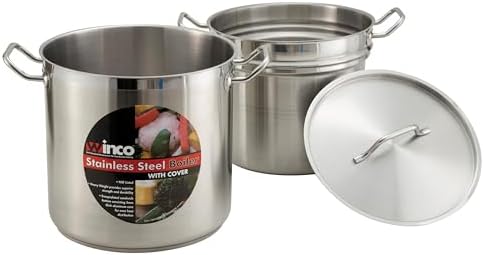 Winco 16 qt Stainless Steel Double Boiler with Cover | Gentle heat prevents scorching, Secure riveted handles, Induction compatible