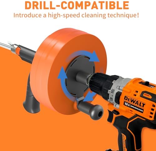 BACOENG 25Ft Drain Auger, Heavy Duty Plumbing Snake with Drill Adapter, Use Manually or Powered for Drain Clog, Shower Sink, Comes with Gloves and Bag (Orange)
